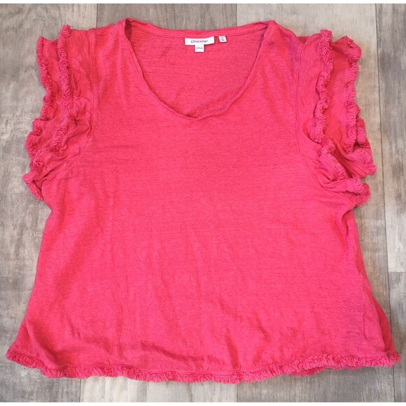 Chico's Pink 100% Linen Flutter Sleeve Top Size 3 (XL) V-Neck Fringe Hems - Picture 1 of 7